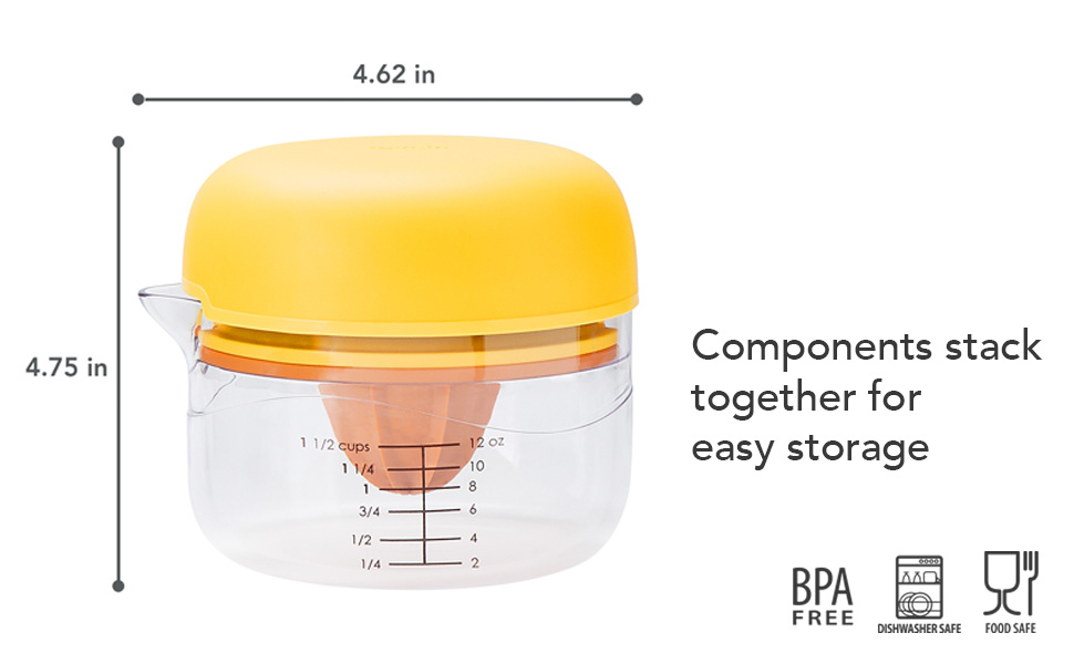 Tovolo Citrus Juicer and Zester Manual Lemon Squeezer with Measuring Cup and Built In Strainer, Easy Clean BPA Free Zester Grater with Handle for Fresh Citrus Dual Reamers for All Fruit Sizes