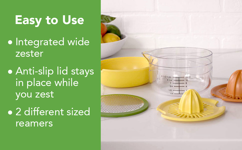 Tovolo Citrus Juicer and Zester Manual Lemon Squeezer with Measuring Cup and Built In Strainer, Easy Clean BPA Free Zester Grater with Handle for Fresh Citrus Dual Reamers for All Fruit Sizes