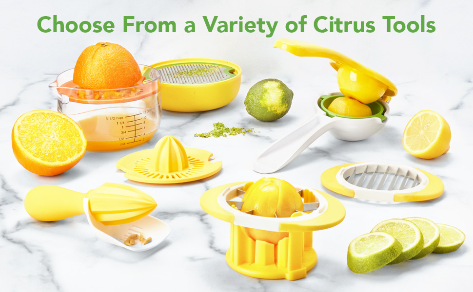 Tovolo Citrus Juicer and Zester Manual Lemon Squeezer with Measuring Cup and Built In Strainer, Easy Clean BPA Free Zester Grater with Handle for Fresh Citrus Dual Reamers for All Fruit Sizes