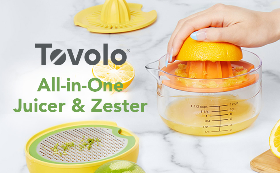 Tovolo Citrus Juicer and Zester Manual Lemon Squeezer with Measuring Cup and Built In Strainer, Easy Clean BPA Free Zester Grater with Handle for Fresh Citrus Dual Reamers for All Fruit Sizes