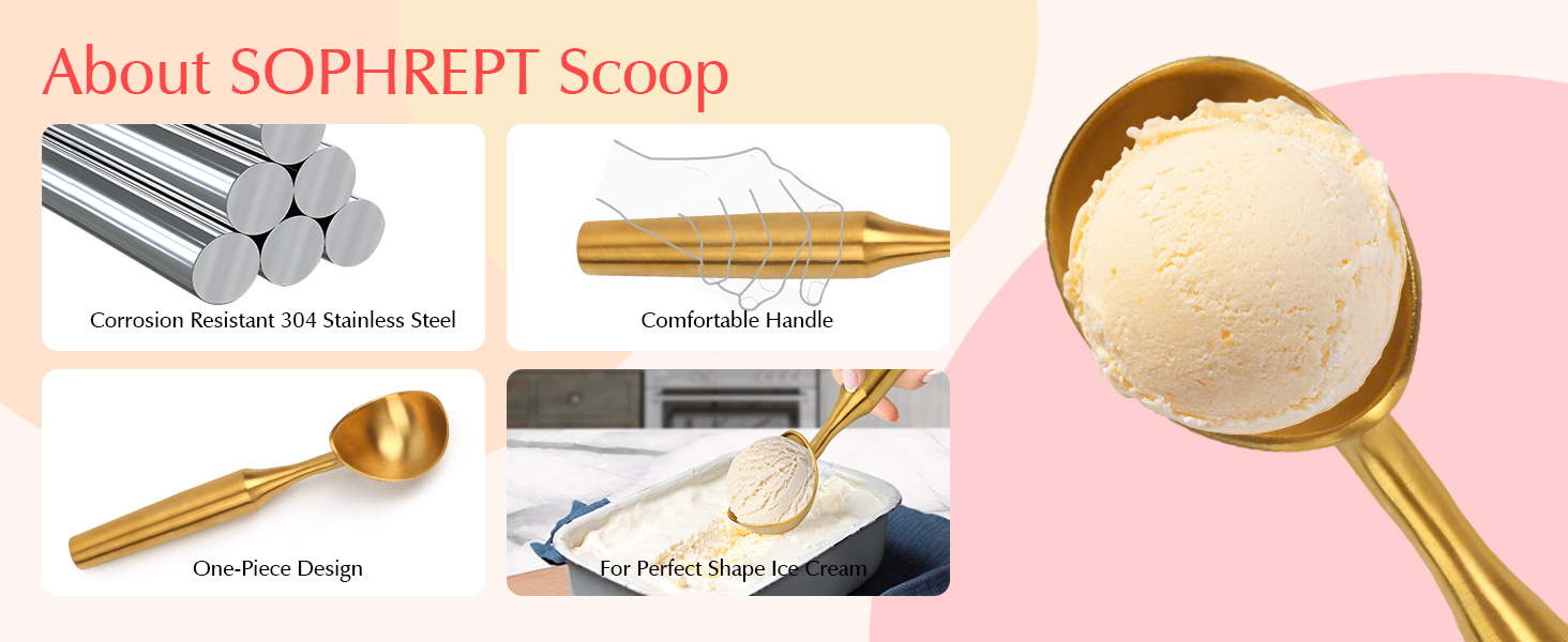 Heavy-Duty 304 Stainless Steel Ice Cream Scoop, 4.5 oz Cookies Scoop, Durable, Corrosion-Resistant & Dishwasher Safe with Ergonomic Grip for Perfect Scooping, Solid Design, Gold