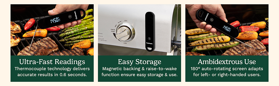 Cuisinart LED Digital Pro Instant Read Thermometer, Calibrated Ambidextrous Waterproof Meat Thermometer for Home & Grill, Lift to Wake Ultra Fast 0.6s Read Time, Home Gadget, BBQ, Smoker, Oil Fry