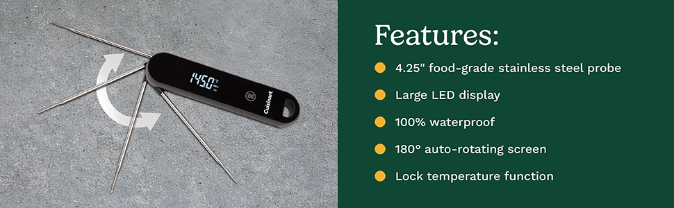 Cuisinart LED Digital Pro Instant Read Thermometer, Calibrated Ambidextrous Waterproof Meat Thermometer for Home & Grill, Lift to Wake Ultra Fast 0.6s Read Time, Home Gadget, BBQ, Smoker, Oil Fry