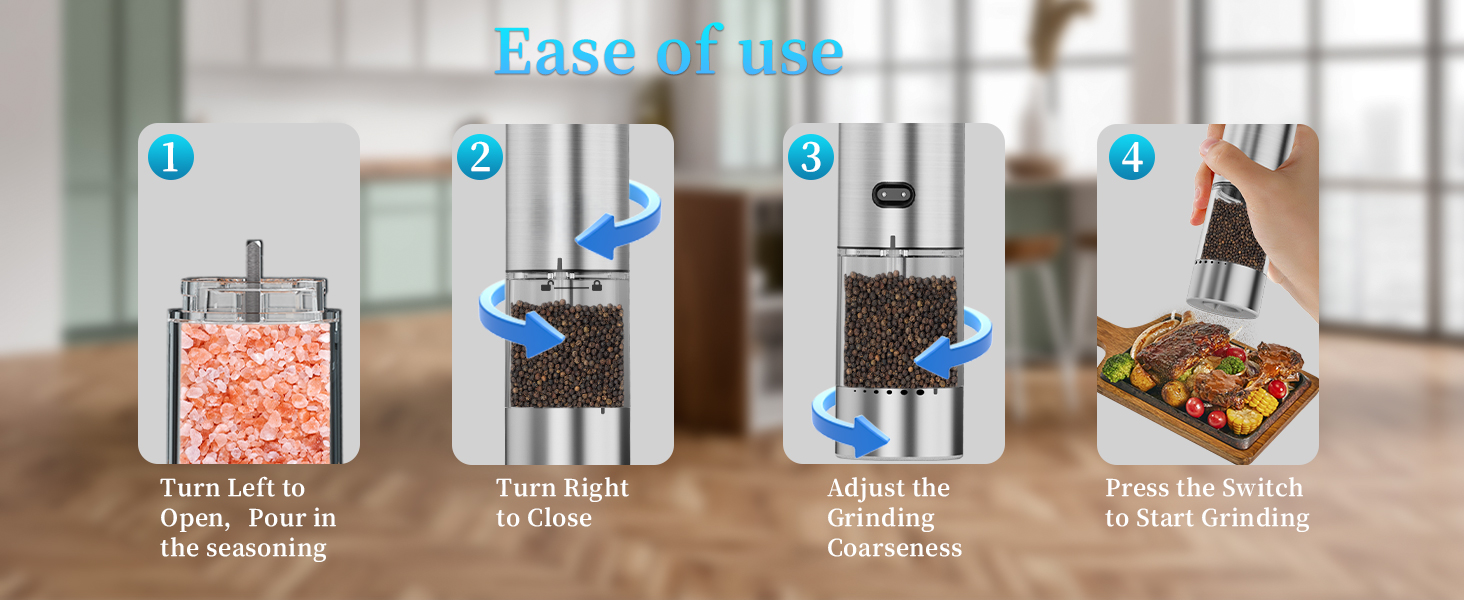 Electric Salt and Pepper Grinder Set Type-C Fast Charging, Automatic Salt and Pepper Shakers Adjustable Coarseness, Stainless Steel Rechargeable Salt and Pepper Grinder with LED Light