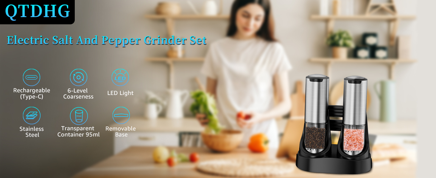 Electric Salt and Pepper Grinder Set Type-C Fast Charging, Automatic Salt and Pepper Shakers Adjustable Coarseness, Stainless Steel Rechargeable Salt and Pepper Grinder with LED Light