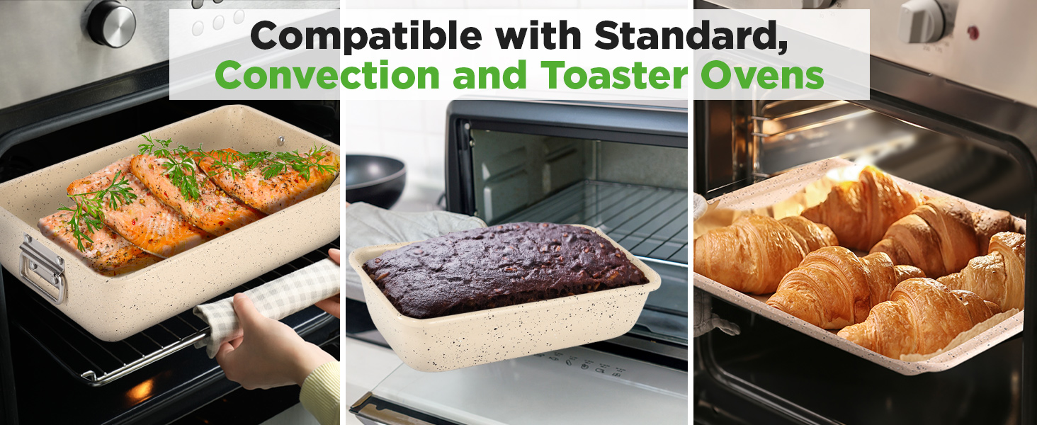 NutriChef 8-Piece Stackable Bakeware Set | Carbon Steel Non-Stick Baking Pan Set | Includes Sheet, Muffin, Round, Loaf, Square Cake & Deep Pans | No PFOA & PFOS | Oven Safe to 450 F | Marble Cream