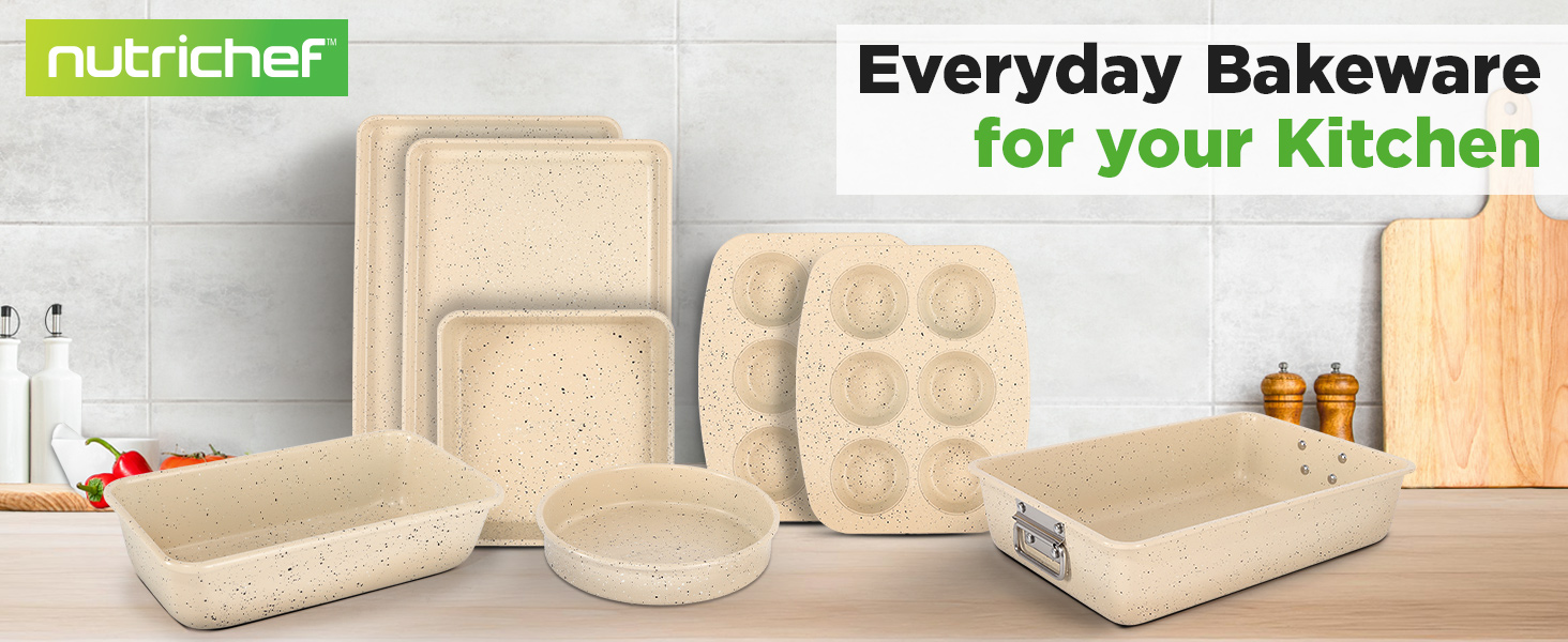 NutriChef 8-Piece Stackable Bakeware Set | Carbon Steel Non-Stick Baking Pan Set | Includes Sheet, Muffin, Round, Loaf, Square Cake & Deep Pans | No PFOA & PFOS | Oven Safe to 450 F | Marble Cream