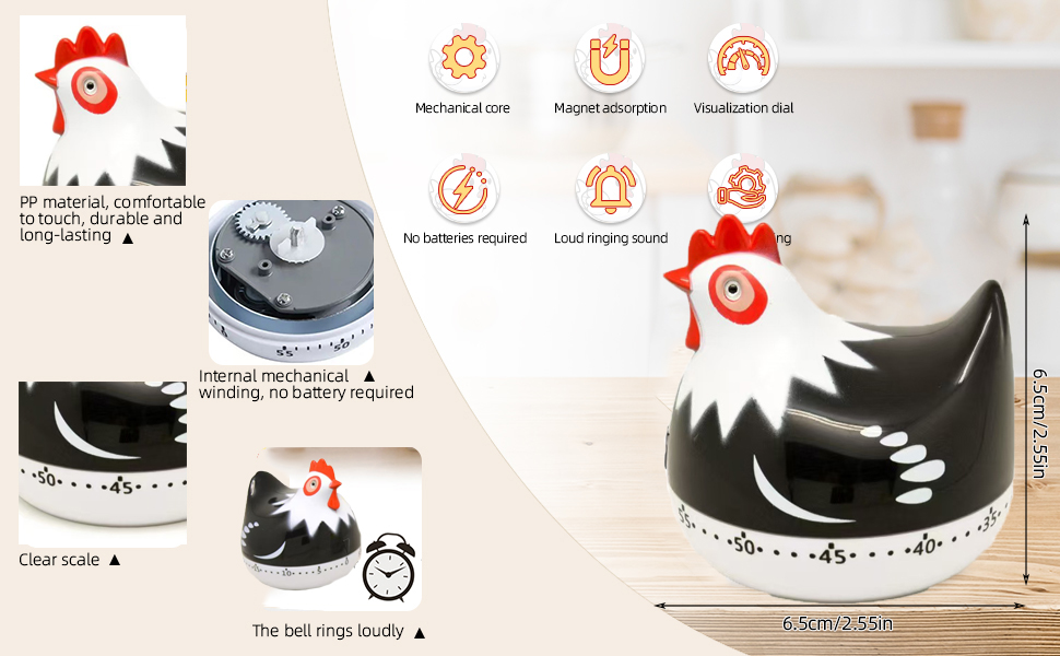 Cute Chicken-Shaped Kitchen Timer – 60-Minute Mechanical Timer for Cooking, Baking, and Meal Prep (Black)