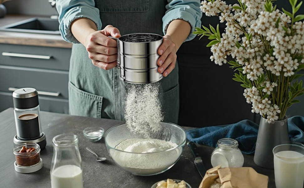 Flour Sifter 3 Cup for Baking, Crank Sifter with Professional Fine Mesh Baking Sifter Flour, One Hand Press Stainless Steel Flower Sifter, Excellent Flour Sieve Baker Dusting for Quick Sifting Omesata