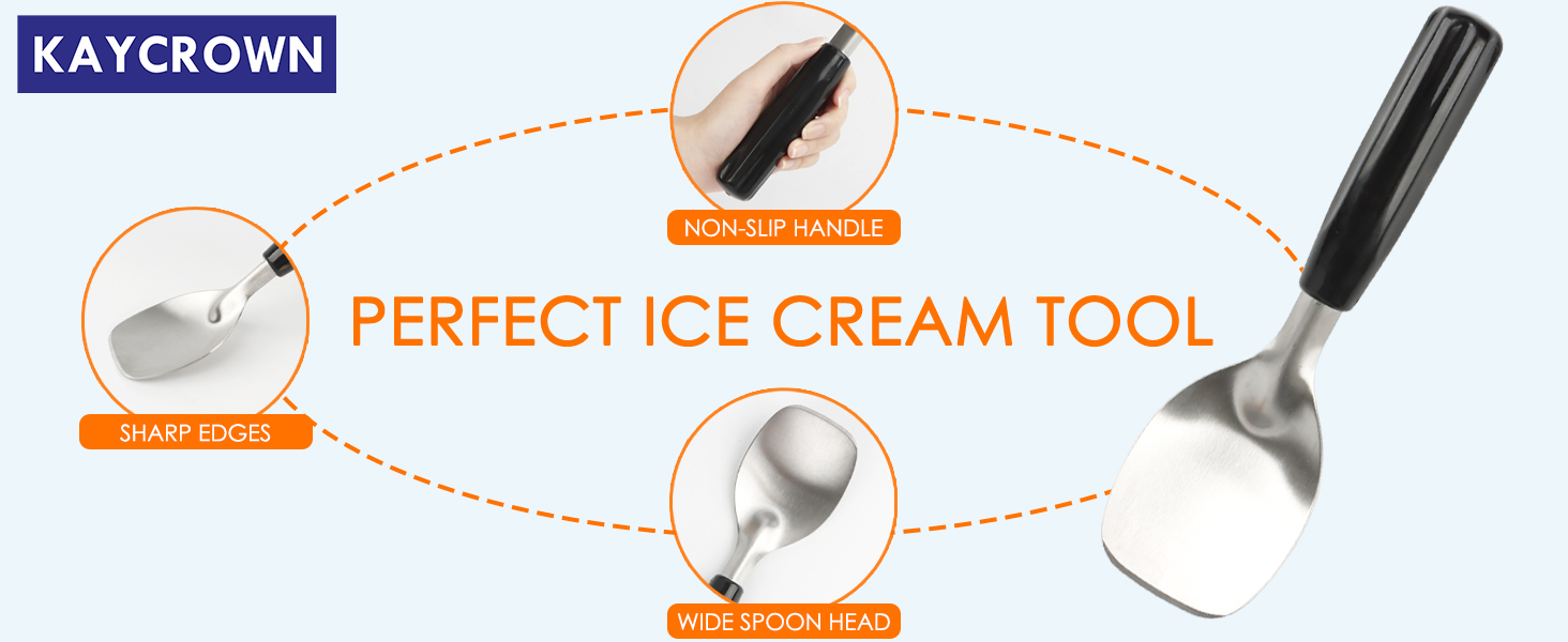 KAYCROWN Stainless Steel Ice Cream Spade with Non-Slip Handle, Heavy Duty Ice Cream Spade Scoop for Hard or Creamy Ice Cream, Durable Bend Proof Flat Ice Cream Paddle, Easy Scooping & Dishwasher Safe