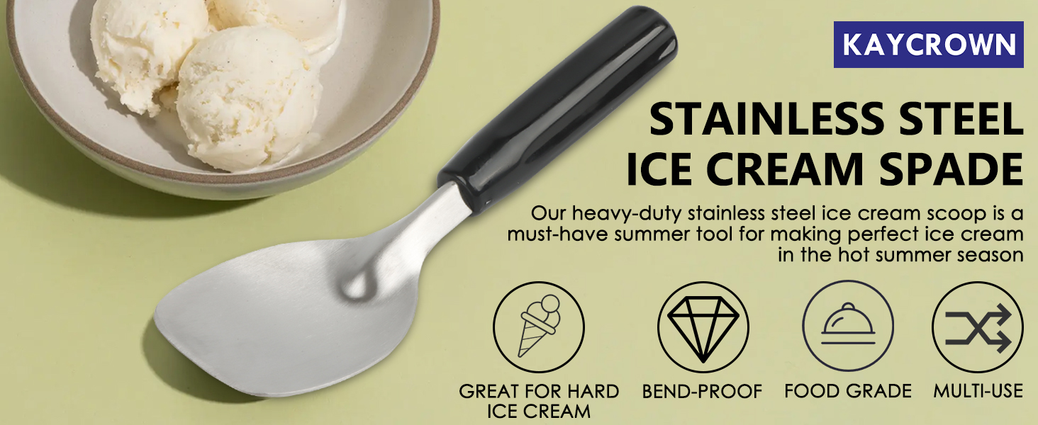 KAYCROWN Stainless Steel Ice Cream Spade with Non-Slip Handle, Heavy Duty Ice Cream Spade Scoop for Hard or Creamy Ice Cream, Durable Bend Proof Flat Ice Cream Paddle, Easy Scooping & Dishwasher Safe