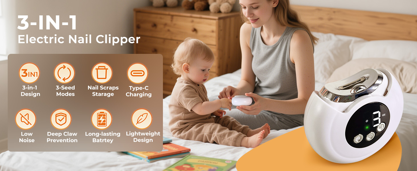 2025 New 3-in-1 Electric Nail Clippers, Baby Nail File, 3-Speeds, Polishing Automatic Nail Trimmer with Nail Chip Storage & LED Light, Rechargeable Safety Cutter for Women, Men, Baby, Seniors