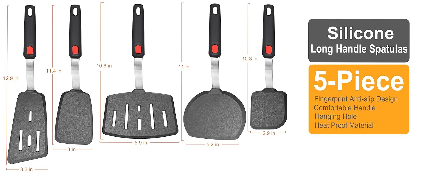 Mixed 5 Piece Silicone Spatula Set, 600F Heat-Resistant No-Melt Rubber Spatula Handle and Blade - Kitchen Cooking Utensils for Nonstick Cookware, Spatula Turner for Egg,Pancake,Burger- Dishwasher Safe