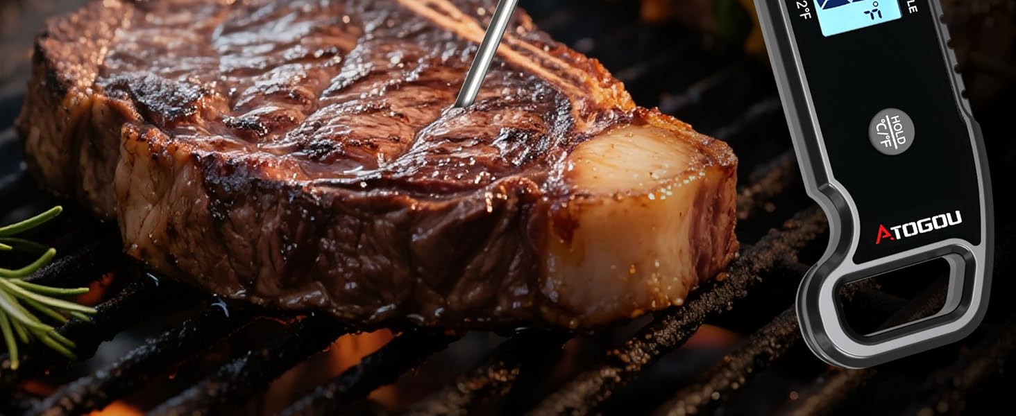 Atogou Meat Thermometer, Professional Food Thermometer, <1 Sec Instant Read, ±0.5℉ Accuracy, Thermocouple Sensor, Waterproof Digital Thermometer for Cooking, BBQ, Grill, Him Dad Birthday Gifts, Black