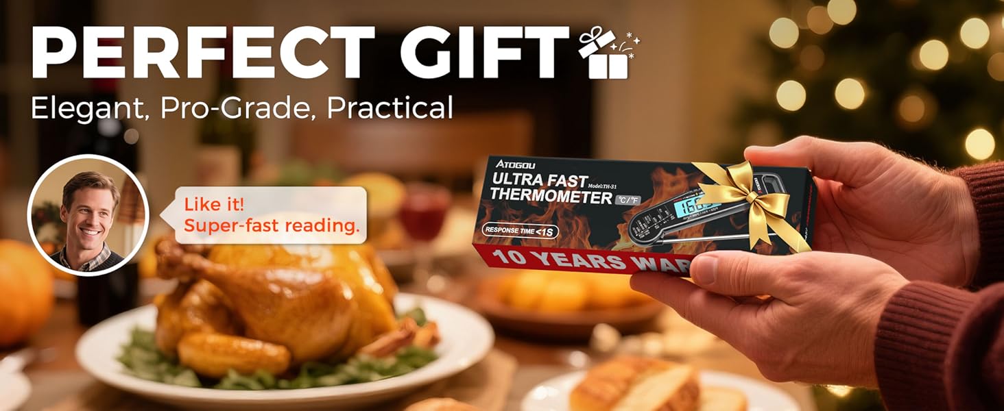 Atogou Meat Thermometer, Professional Food Thermometer, <1 Sec Instant Read, ±0.5℉ Accuracy, Thermocouple Sensor, Waterproof Digital Thermometer for Cooking, BBQ, Grill, Him Dad Birthday Gifts, Black
