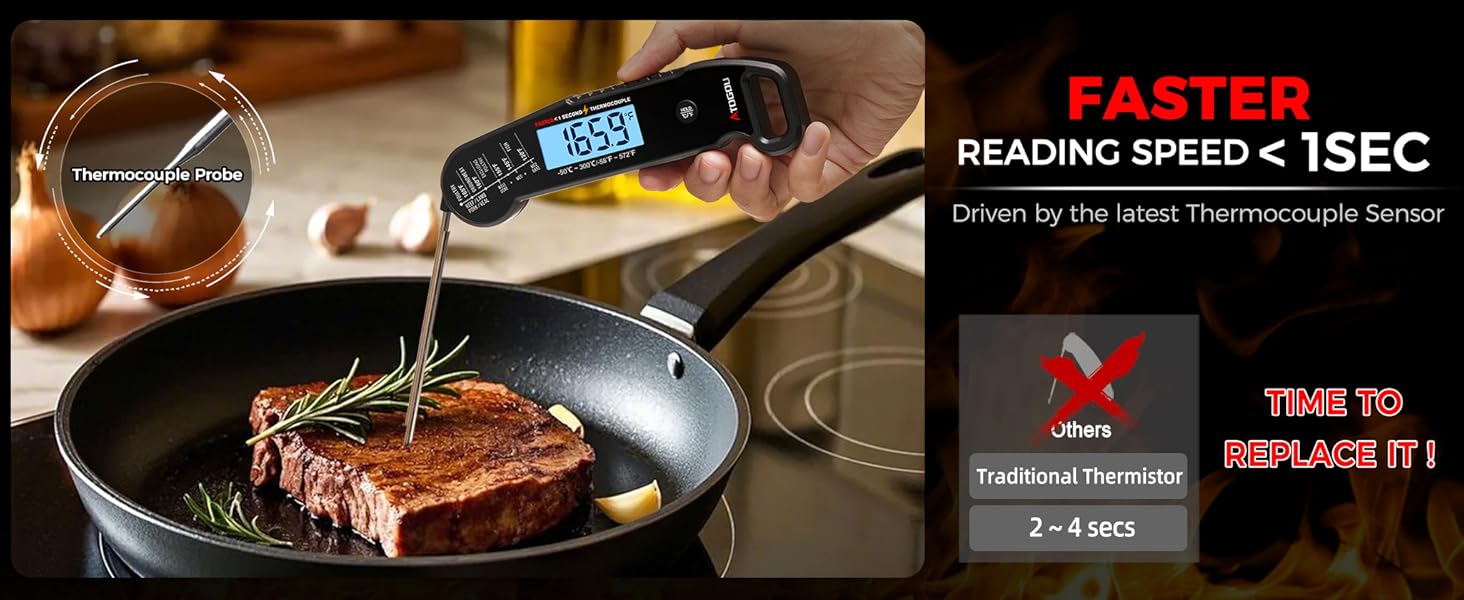 Atogou Meat Thermometer, Professional Food Thermometer, <1 Sec Instant Read, ±0.5℉ Accuracy, Thermocouple Sensor, Waterproof Digital Thermometer for Cooking, BBQ, Grill, Him Dad Birthday Gifts, Black
