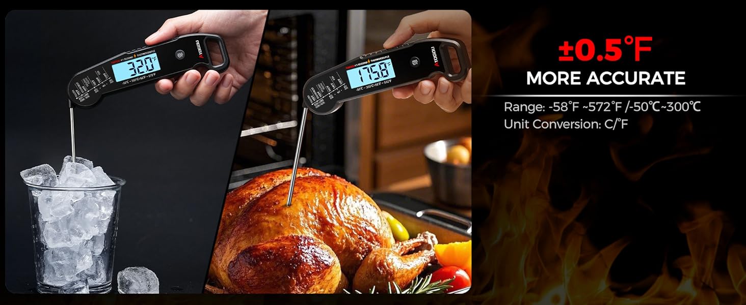 Atogou Meat Thermometer, Professional Food Thermometer, <1 Sec Instant Read, ±0.5℉ Accuracy, Thermocouple Sensor, Waterproof Digital Thermometer for Cooking, BBQ, Grill, Him Dad Birthday Gifts, Black