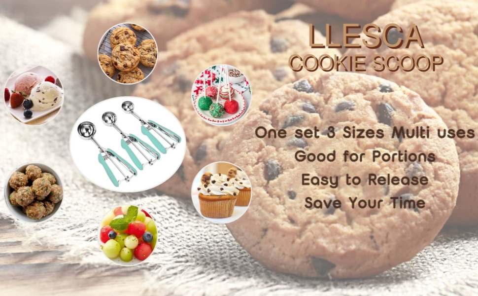 Cookie Scoop Set, 3Pcs Ice Cream Scoop, Cookie Scoops for Baking Set of 3, 18/8 Stainless Steel Cookie Scooper for Baking, Ice Cream Scooper with Trigger Release, Mint Soft Grip Cookie Dough Scoop