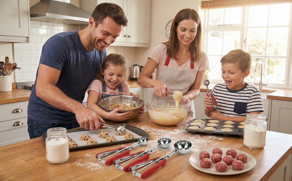 Cookie Scoop Set, 3Pcs Ice Cream Scoop, Cookie Scoops for Baking Set of 3, 18/8 Stainless Steel Cookie Scooper for Baking, Ice Cream Scooper with Trigger Release, Red Soft Grip Cookie Dough Scoop