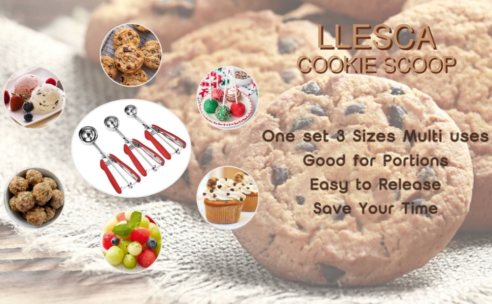 Cookie Scoop Set, 3Pcs Ice Cream Scoop, Cookie Scoops for Baking Set of 3, 18/8 Stainless Steel Cookie Scooper for Baking, Ice Cream Scooper with Trigger Release, Red Soft Grip Cookie Dough Scoop