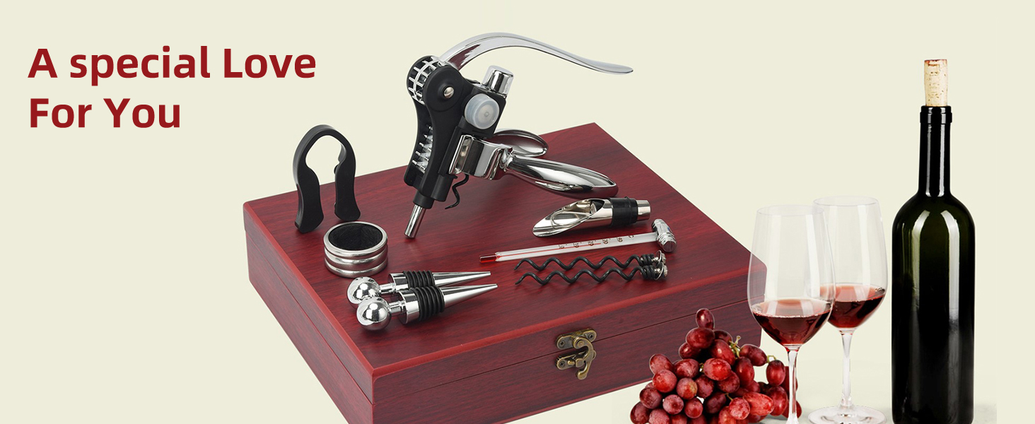 Wine Opener, Rabbit Corkscrew with Elegant Wooden Box, Premium 9-Piece Set, Includes Wine Stopper, Foil Cutter, Aerator, Quick and Easy Cork Extraction for Wine Lovers, Bronze