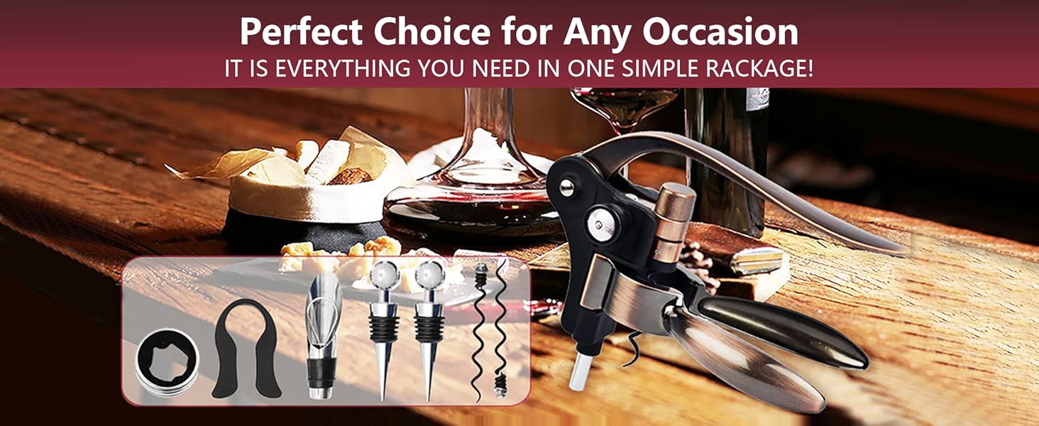 Wine Opener, Rabbit Corkscrew with Elegant Wooden Box, Premium 9-Piece Set, Includes Wine Stopper, Foil Cutter, Aerator, Quick and Easy Cork Extraction for Wine Lovers, Bronze