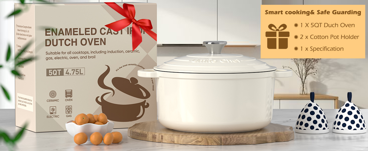 Enameled Cast Iron Dutch Oven - Umite Chef 5QT Pot with Lid & Cotton Potholders - Heavy-Duty Cookware for Bread Baking, Braising, Stews, Roasting(Cream White)
