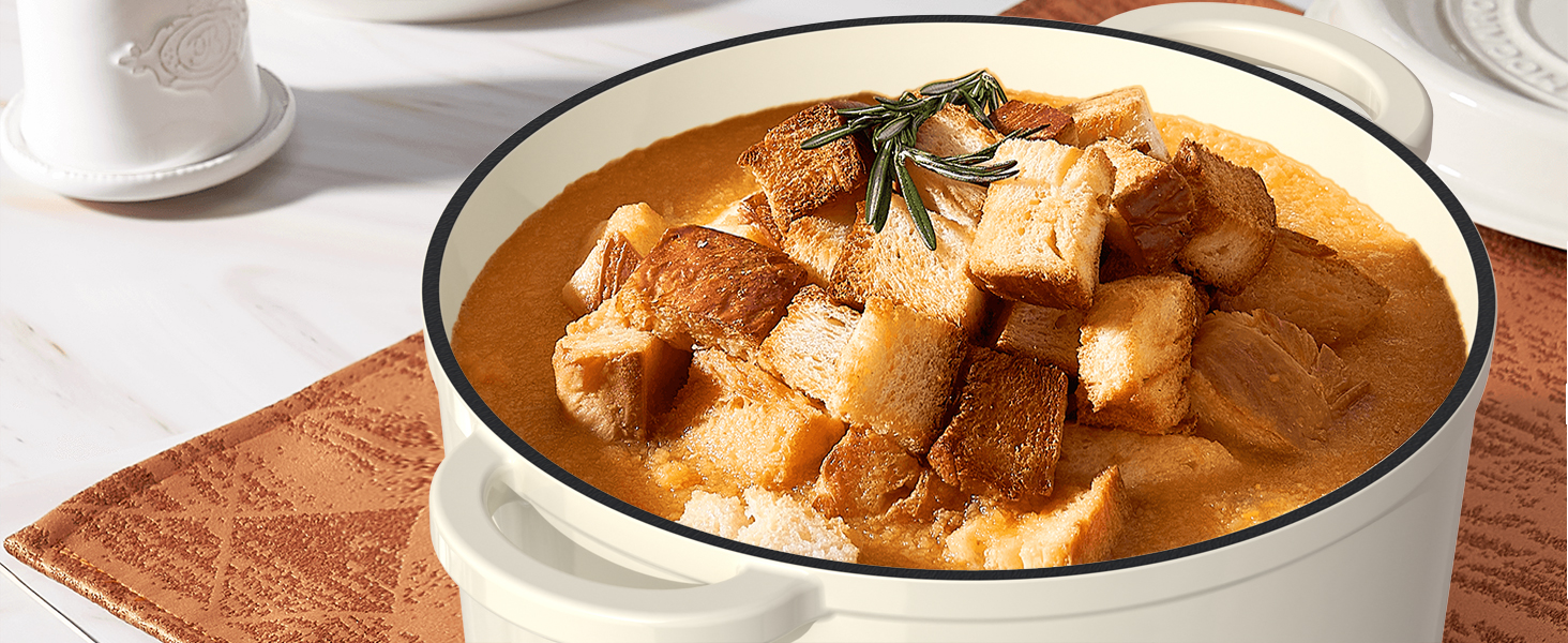 Enameled Cast Iron Dutch Oven - Umite Chef 5QT Pot with Lid & Cotton Potholders - Heavy-Duty Cookware for Bread Baking, Braising, Stews, Roasting(Cream White)