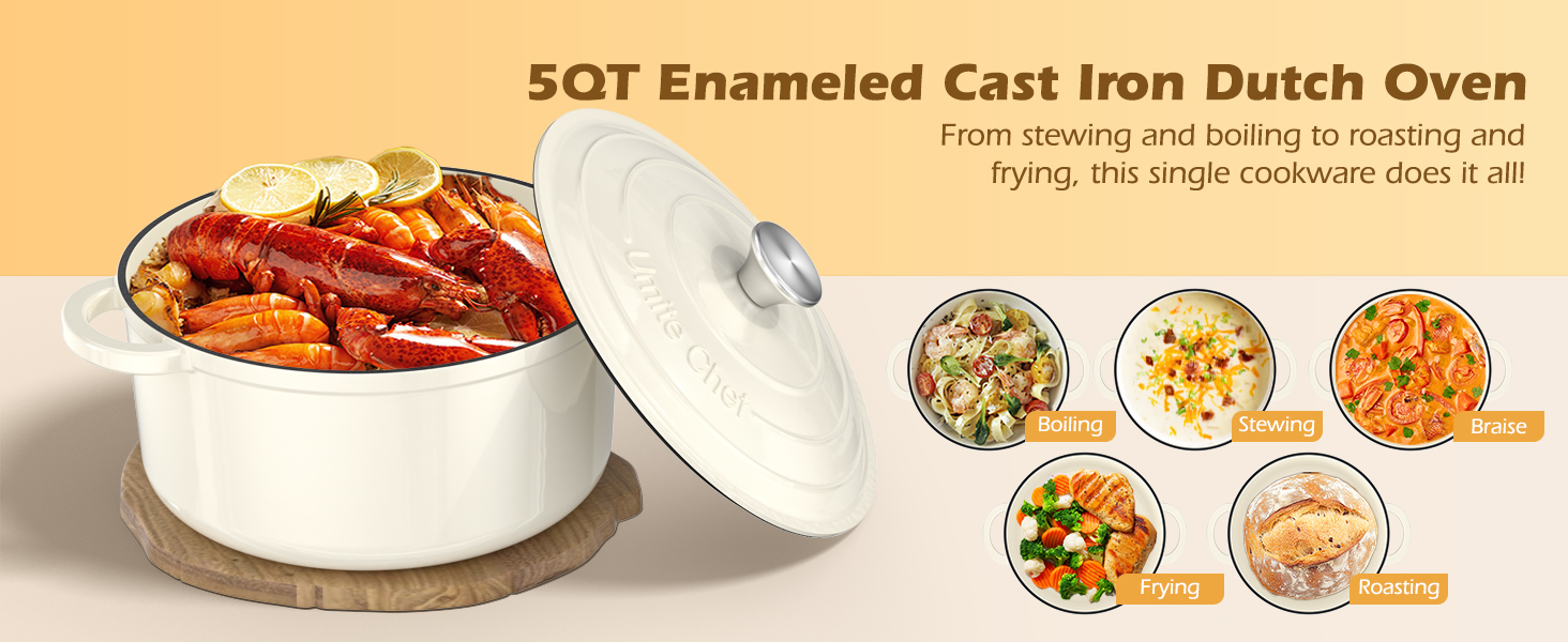 Enameled Cast Iron Dutch Oven - Umite Chef 5QT Pot with Lid & Cotton Potholders - Heavy-Duty Cookware for Bread Baking, Braising, Stews, Roasting(Cream White)