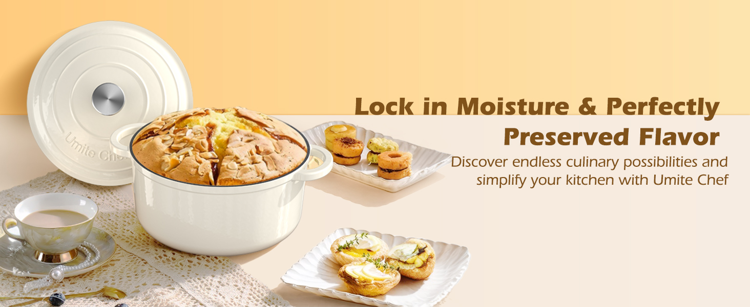 Enameled Cast Iron Dutch Oven - Umite Chef 5QT Pot with Lid & Cotton Potholders - Heavy-Duty Cookware for Bread Baking, Braising, Stews, Roasting(Cream White)