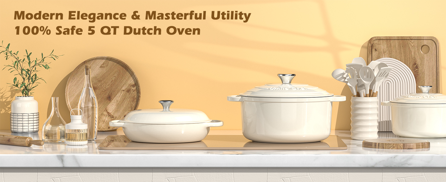 Enameled Cast Iron Dutch Oven - Umite Chef 5QT Pot with Lid & Cotton Potholders - Heavy-Duty Cookware for Bread Baking, Braising, Stews, Roasting(Cream White)