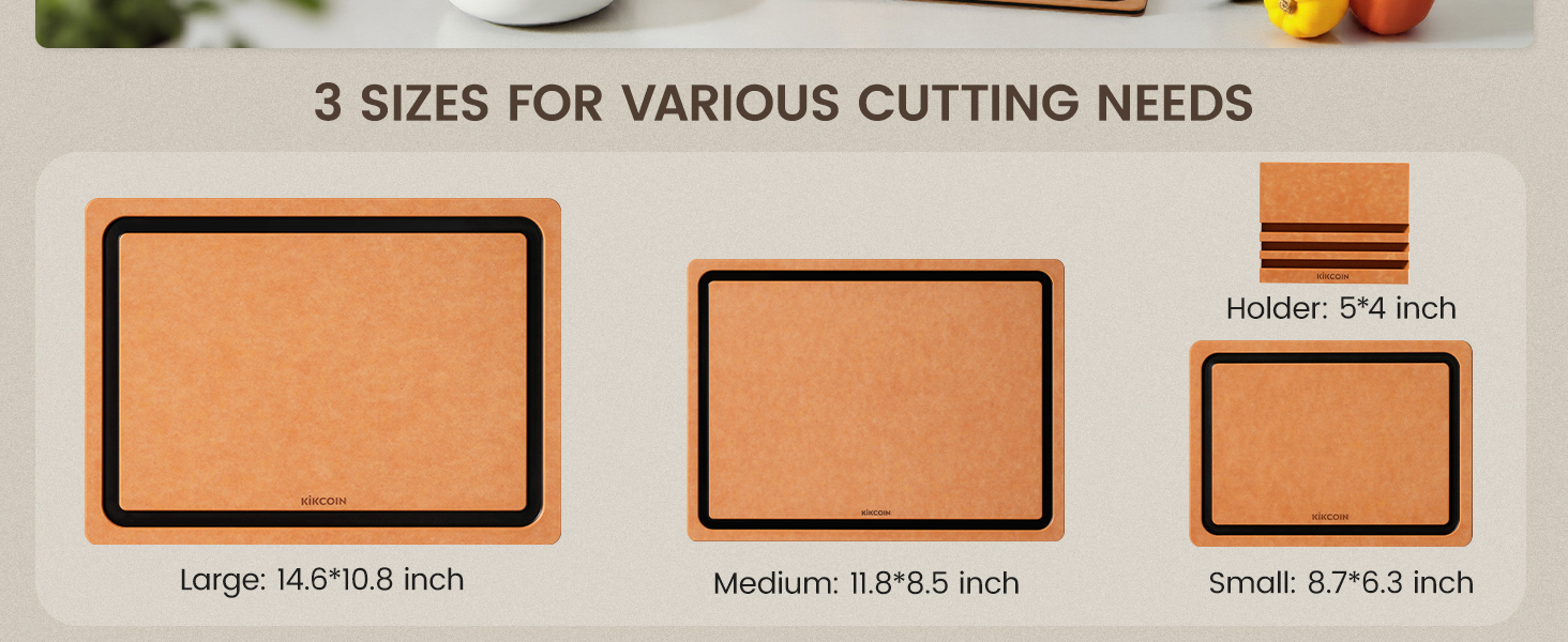 Kikcoin Wood Cutting Board Set of 3, Cutting Boards for Kitchen with Holder Dishwasher Safe Non-slip Chopping Board with Juice Groove, Wood Fiber Composite Cutting Boards