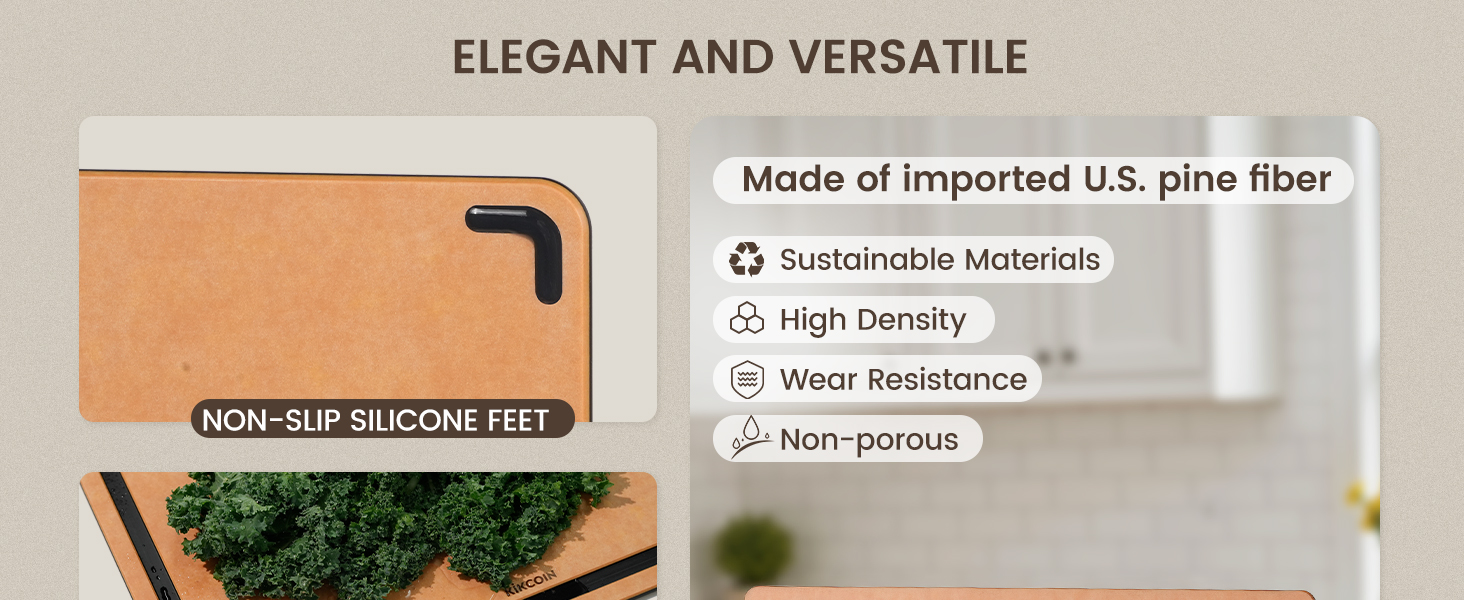 Kikcoin Wood Cutting Board Set of 3, Cutting Boards for Kitchen with Holder Dishwasher Safe Non-slip Chopping Board with Juice Groove, Wood Fiber Composite Cutting Boards