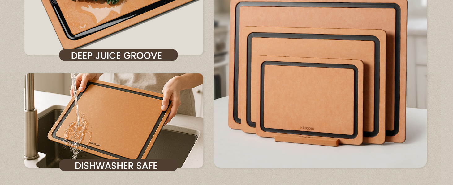 Kikcoin Wood Cutting Board Set of 3, Cutting Boards for Kitchen with Holder Dishwasher Safe Non-slip Chopping Board with Juice Groove, Wood Fiber Composite Cutting Boards