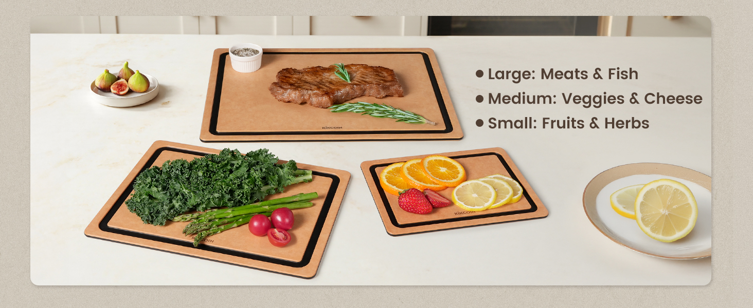 Kikcoin Wood Cutting Board Set of 3, Cutting Boards for Kitchen with Holder Dishwasher Safe Non-slip Chopping Board with Juice Groove, Wood Fiber Composite Cutting Boards
