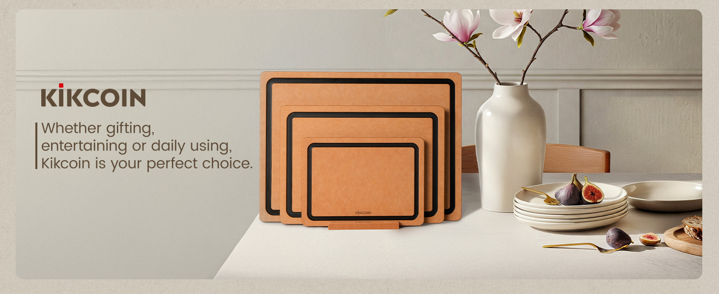 Kikcoin Wood Cutting Board Set of 3, Cutting Boards for Kitchen with Holder Dishwasher Safe Non-slip Chopping Board with Juice Groove, Wood Fiber Composite Cutting Boards