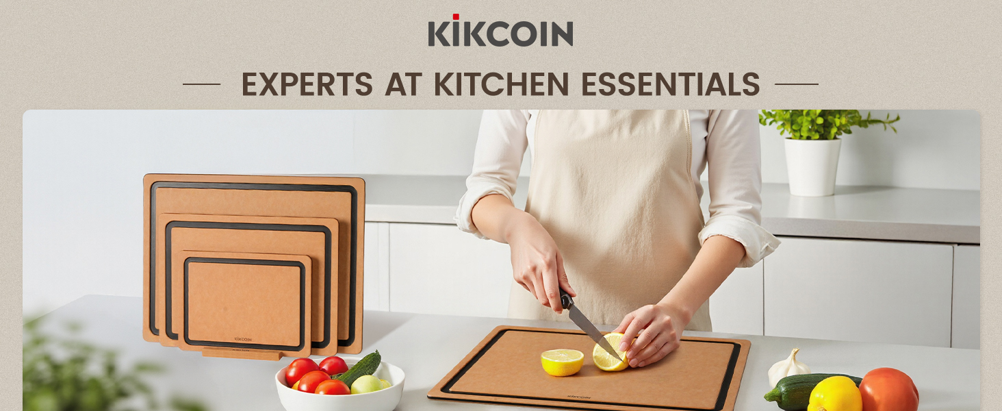 Kikcoin Wood Cutting Board Set of 3, Cutting Boards for Kitchen with Holder Dishwasher Safe Non-slip Chopping Board with Juice Groove, Wood Fiber Composite Cutting Boards