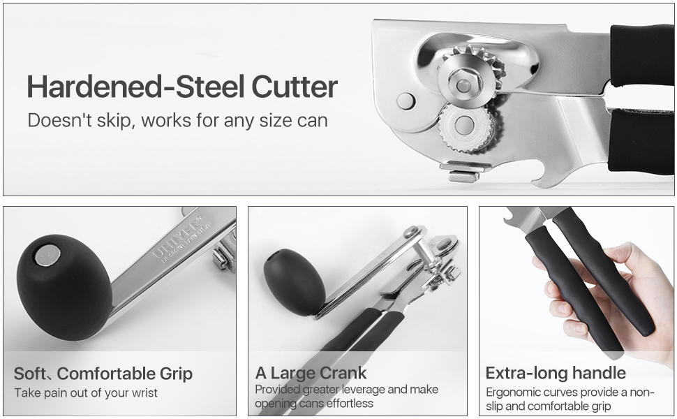 Commercial Can Opener, UHIYEE Hand Crank Can Opener Manual Heavy Duty with Comfortable Extra-long Handles, Oversized Knob, Large Handheld Can Open Easy for Big Cans, Black