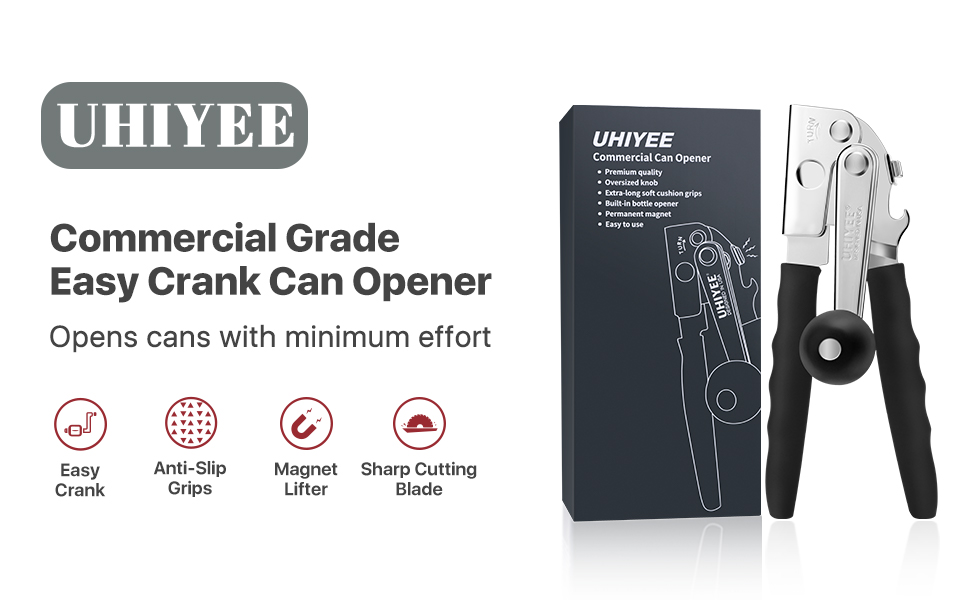 Commercial Can Opener, UHIYEE Hand Crank Can Opener Manual Heavy Duty with Comfortable Extra-long Handles, Oversized Knob, Large Handheld Can Open Easy for Big Cans, Black