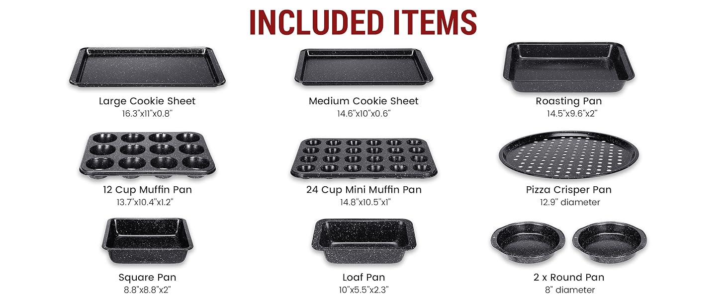 10-Piece Baking Pans Set, Bakeware Sets Nonstick, Baking Set for Oven Cooking, Stackable Carbon Steel Set Include Cookie Sheets, Muffin Pan, Cake Pan, Pizza Pan, Loaf Pan, Roasting Pan, Black