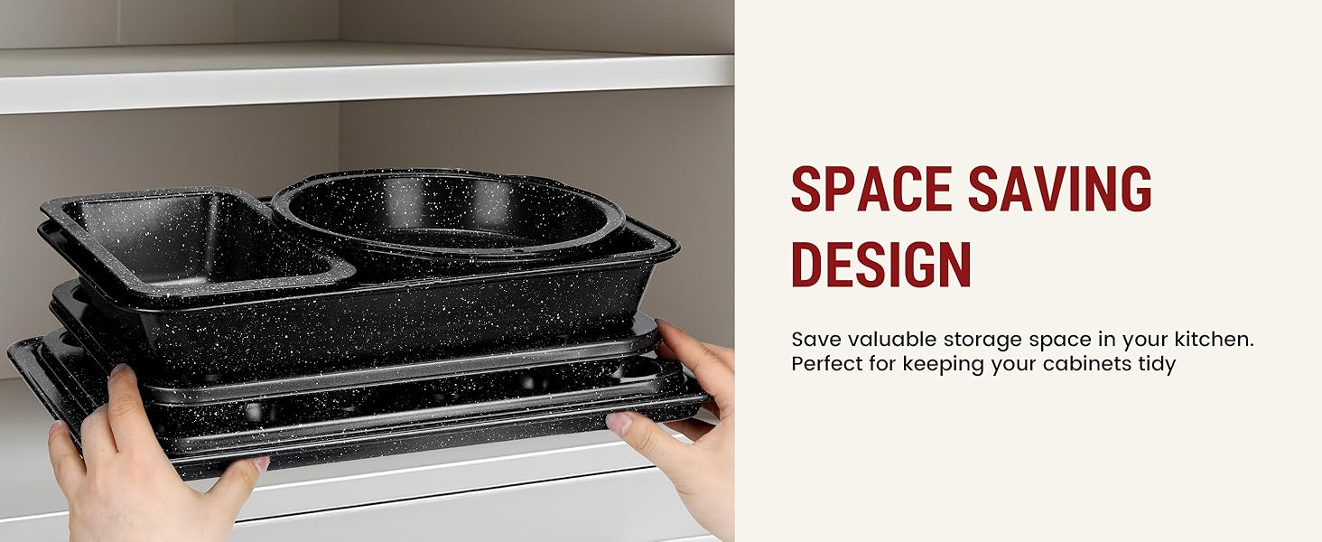 10-Piece Baking Pans Set, Bakeware Sets Nonstick, Baking Set for Oven Cooking, Stackable Carbon Steel Set Include Cookie Sheets, Muffin Pan, Cake Pan, Pizza Pan, Loaf Pan, Roasting Pan, Black