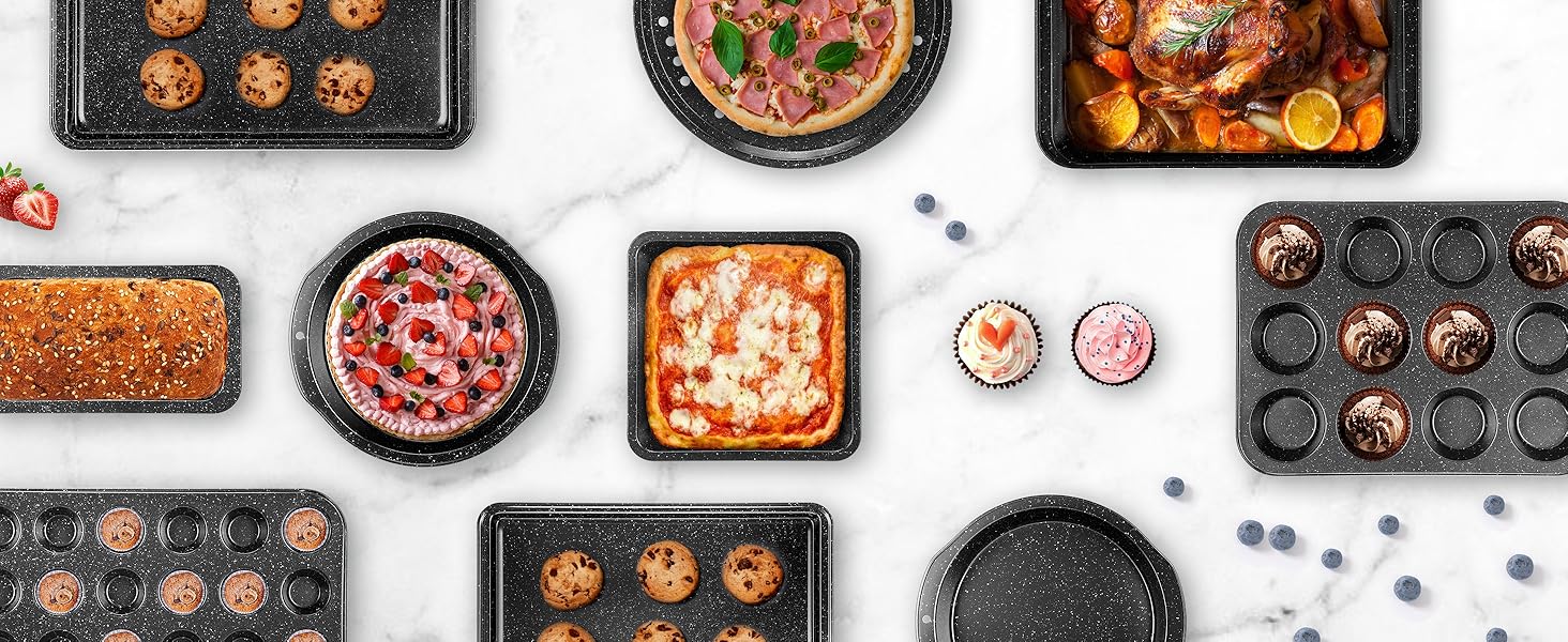 10-Piece Baking Pans Set, Bakeware Sets Nonstick, Baking Set for Oven Cooking, Stackable Carbon Steel Set Include Cookie Sheets, Muffin Pan, Cake Pan, Pizza Pan, Loaf Pan, Roasting Pan, Black