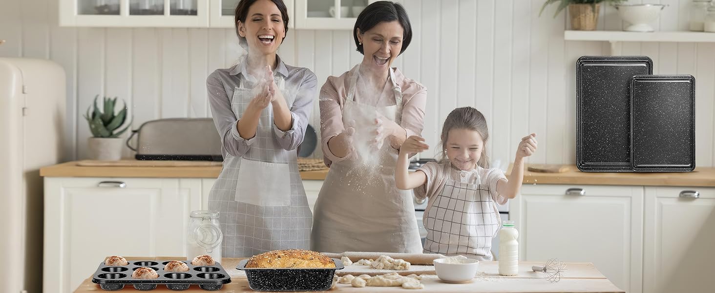 10-Piece Baking Pans Set, Bakeware Sets Nonstick, Baking Set for Oven Cooking, Stackable Carbon Steel Set Include Cookie Sheets, Muffin Pan, Cake Pan, Pizza Pan, Loaf Pan, Roasting Pan, Black