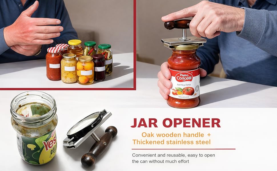 Oak Wood Handle Manual Cap Crack Jar Opener - Comfort Grip, Adjustable, Non-Slip, Heavy-Duty Stainless Steel Jar Lid Remover for Parents, Weak Hands & Seniors, Thoughtful Kitchen Gadget Gift