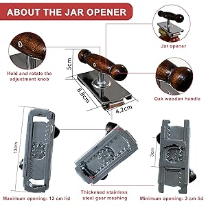 Oak Wood Handle Manual Cap Crack Jar Opener - Comfort Grip, Adjustable, Non-Slip, Heavy-Duty Stainless Steel Jar Lid Remover for Parents, Weak Hands & Seniors, Thoughtful Kitchen Gadget Gift