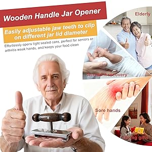 Oak Wood Handle Manual Cap Crack Jar Opener - Comfort Grip, Adjustable, Non-Slip, Heavy-Duty Stainless Steel Jar Lid Remover for Parents, Weak Hands & Seniors, Thoughtful Kitchen Gadget Gift