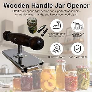 Oak Wood Handle Manual Cap Crack Jar Opener - Comfort Grip, Adjustable, Non-Slip, Heavy-Duty Stainless Steel Jar Lid Remover for Parents, Weak Hands & Seniors, Thoughtful Kitchen Gadget Gift