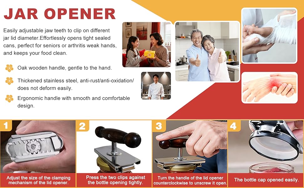 Oak Wood Handle Manual Cap Crack Jar Opener - Comfort Grip, Adjustable, Non-Slip, Heavy-Duty Stainless Steel Jar Lid Remover for Parents, Weak Hands & Seniors, Thoughtful Kitchen Gadget Gift