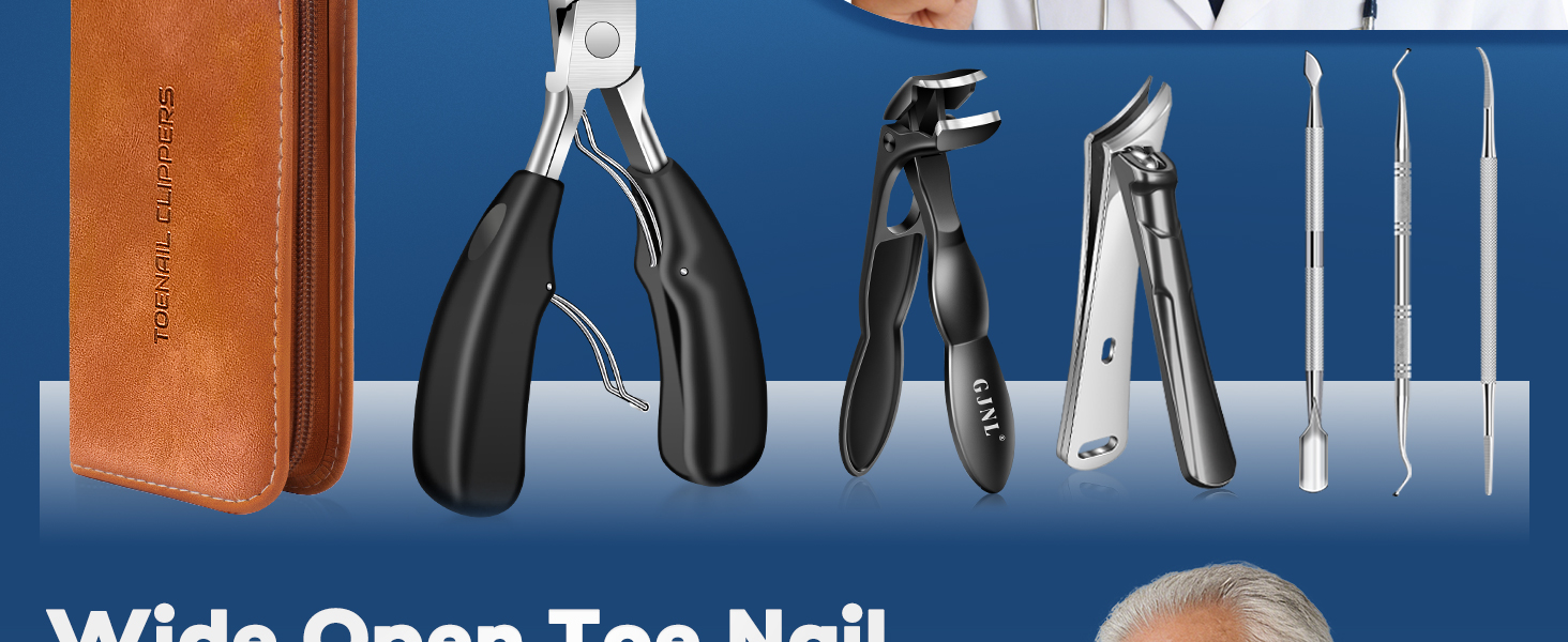 Toenail Clippers for Thick Nails, 6 Pcs Professional Wide Jaw Opening Nail Clipper Set for Seniors, Sharp Stainless Steel Fingernail Cutters with Slanted Edge & Travel Case, Podiatrist Tool Kit