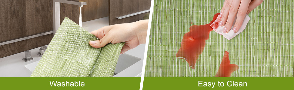 AUAUY Placemats Set of 6 Washable, Non-Slip Heat Resistant Table Mats, PVC Vinyl Woven Table Placemats Wipeable for Kitchen Dinning Restaurant, Farmhouse (Black, 6pcs)